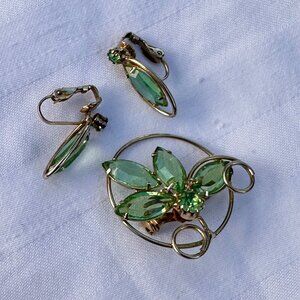Whimsical Gold and Spring Green Pin and Earrings Set - Botanical Design